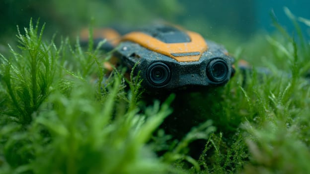 Underwater exploration rover nestled in verdant aquatic forest, futuristic technology meets nature, celebrating World Oceans Day and Biodiversity Week photo