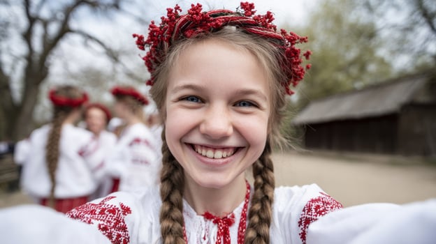 Cheerful Eastern European girl celebrating Kupala Night, adorned in vibrant floral crown and traditional embroidered dress photo