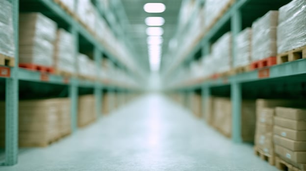 Sterile aisles of boundless cardboard anticipation, industrial serenity for Inventory Day truths and International Parcel Courier extravagance photo