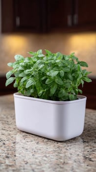 Lush basil in ceramic pot exudes herbal elegance, invoking spirit of La Tomatina, fresh start for culinary alchemy photo