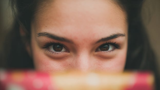 Mischievous Latina womans eyes peek over vibrant colors, echoing Dia de los Muertos and hinting at whispered secrets photo