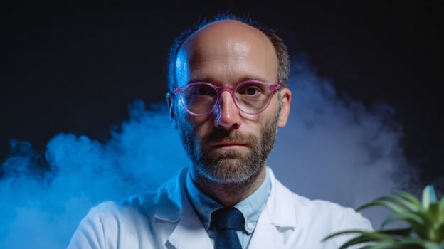 Reserved in a fog of mystery, a determined Caucasian male scientist, clad in white, channels the spirit of National Science Day with intense focus on an enigmatic plant photo