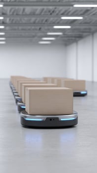 Autonomous robots dance in synchronized warehouse ballet, echoing Cyber Monday frenzy and International Day of Robotics innovation photo