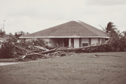 Serenely weathered suburban house, aftermath whispers of tempestuous storms, resilience during Hurricane Preparedness Week, calm amidst chaos photo
