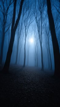 Ethereal moonlight weaves through skeletal trees on a misty All Hallows Eve, invoking Samhains ancient whispers and shadowed folklore photo