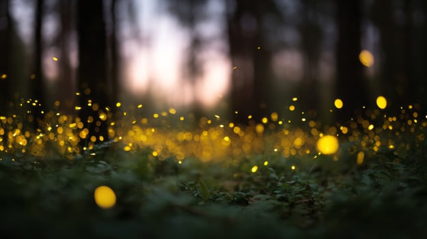 Enchanted firefly dance in twilight forest, invoking luminous dreams, midsummer magic, and St Johns Eve enchantment photo