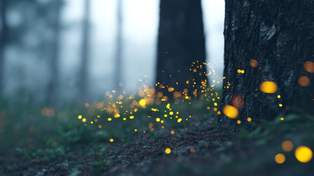 Enchanting firefly ballet in twilight forest, echoing Samhain mystique and midsummer nights wanderlust, whispers of fae gatherings photo