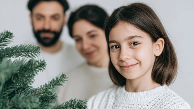 Joyful young girl with dark hair and light skin beside festive pine, celebrating Solstice and Winters Yule photo