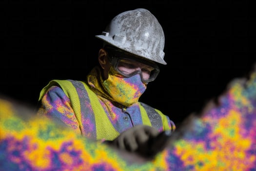 A kaleidoscope of color engulfs a focused masked worker, vibrant Holi celebration meets industrial nocturne, male wearing heavy gear photo