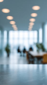 Corporate blur of modern workspace lights, zen office retreat, Scandinavian minimalism, creative brainstorming haven, Deskfest preparations photo