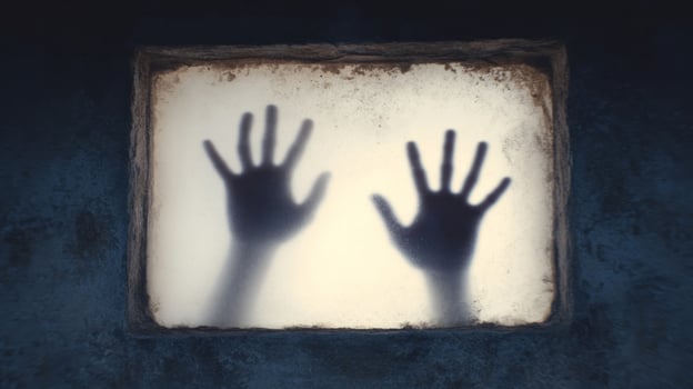 Shadowy hands pressed against foggy glass evoke eerie anticipation of All Hallows Eve or Paranormal Day mysteries photo