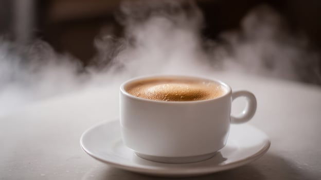 Cozy steam dances above a foamy cappuccino, invoking Hygge vibes and International Coffee Day morning rituals photo
