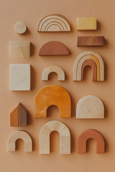 Earthy tone wood blocks with varied textures are arranged against an orangebeige colored wall photo