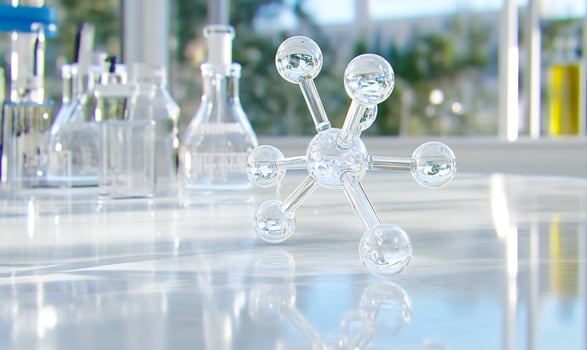 Glass molecule structure scientific research in laboratory chemistry and medical innovation photo