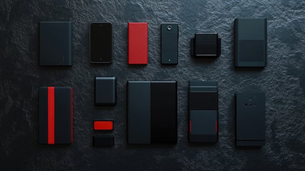 Assortment of sleek tech gadgets in black and red lie flat on rough dark surface creating symmetry photo