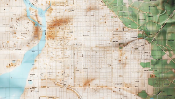 Detailed overhead map with vintage grid displaying river terrain and landmass for navigation and geography photo