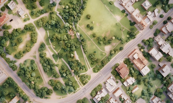 Overhead view of cityscape with buildings and green space photo