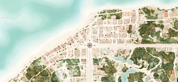 Coastal city map illustration overhead view watercolor style urban planning photo