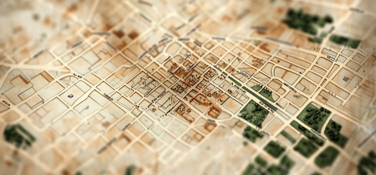 Aerial vintage city street map illustration with grid pattern and aged paper texture photo