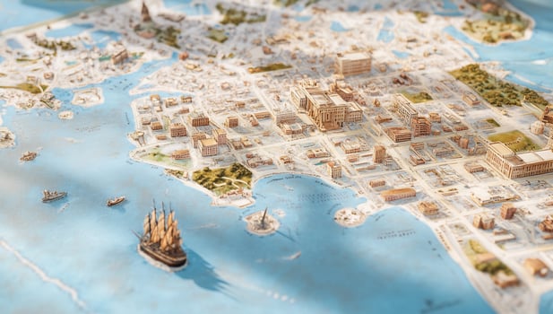 Detailed model city on peninsula with sailing ship aerial view photo