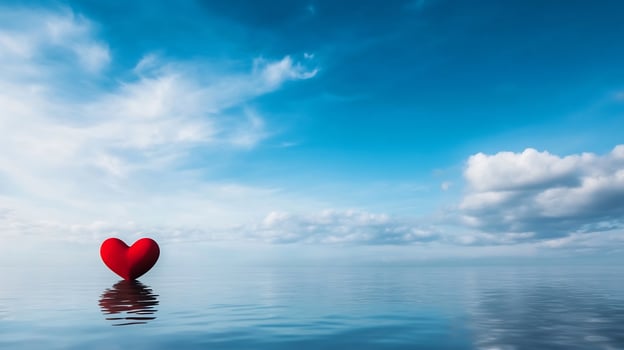 Red heart on still water under blue sky with clouds symbolizes tranquility hope and love photo