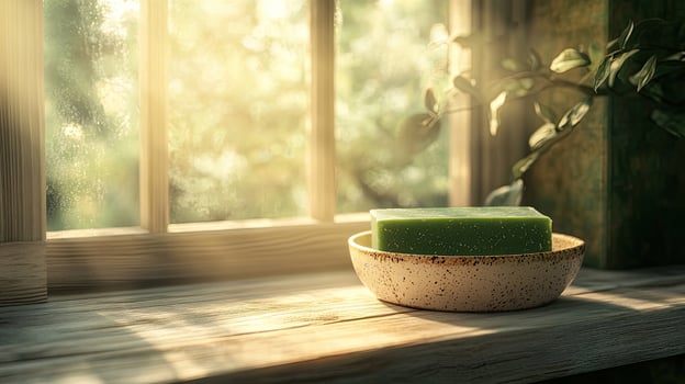 Sunlight streams onto a green cube in speckled bowl on a weathered windowsill beside a window photo