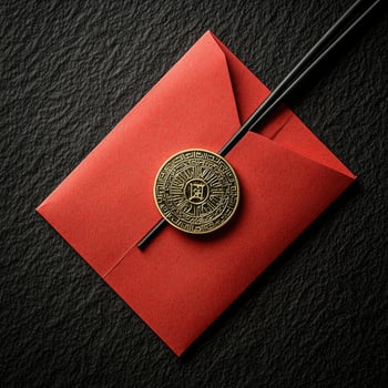 Vivid red envelope secured with an ornate gold seal lies beside a black rod photo