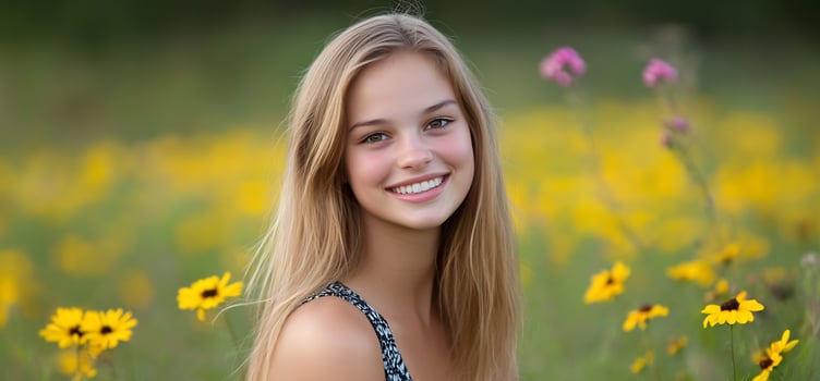 Smiling woman in wildflower field beautiful female portrait in nature setting photo