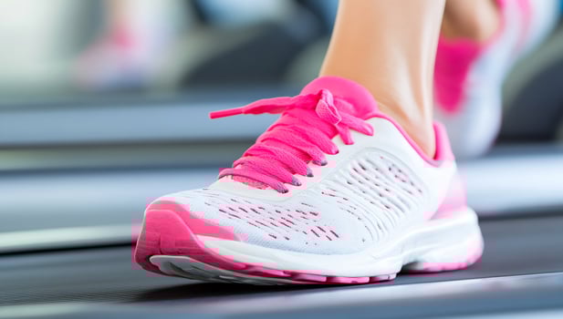 Running shoe in motion on treadmill for fitness and healthy lifestyle photo