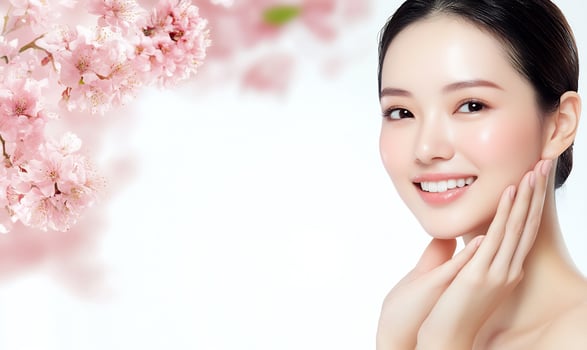 Beautiful woman touching face with pink flowers for skin care and beauty photo