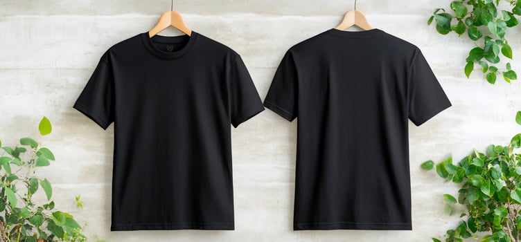 Black t shirt mockup on hanger with plants background photo