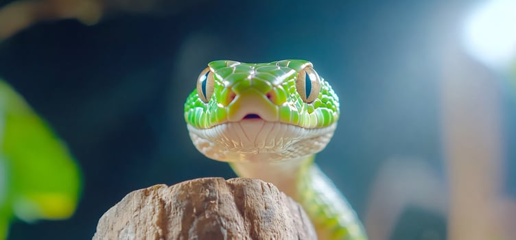 Close up of a green snake head resting on a tree stump reptile wildlife portrait photo