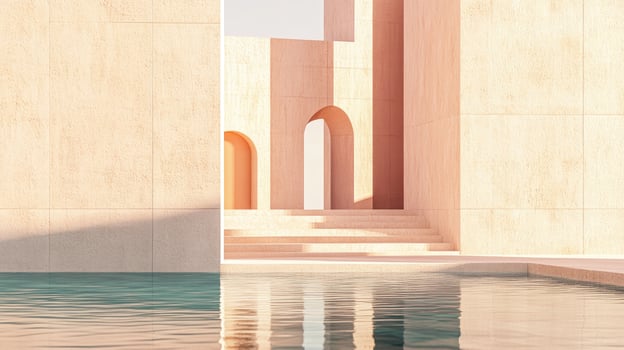 Light falls on salmon steps and arches reflected in serene turquoise pool water photo