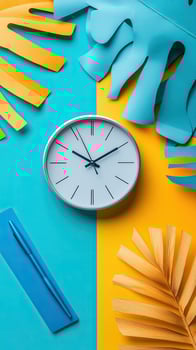 Minimalist workspace featuring an analog clock, pen, pad, and tropical paper leaves contrasts yellow and blue photo