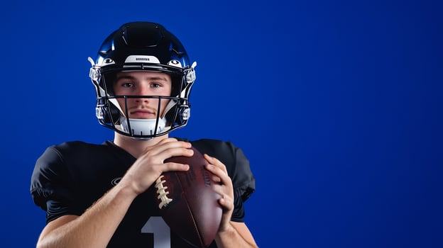 Focused football player with helmet holding ball against blue background photo