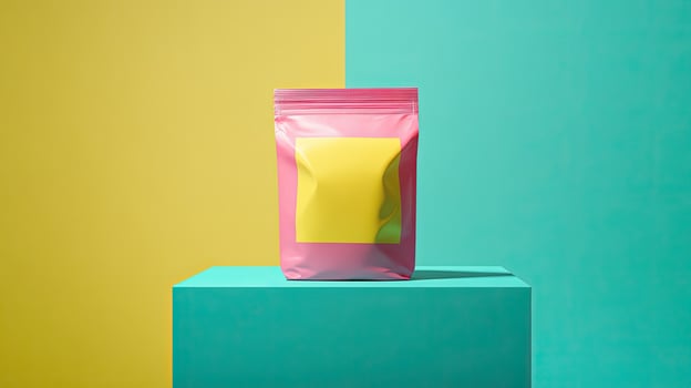 Pink foil package rests on teal box against a yellow and teal background photo