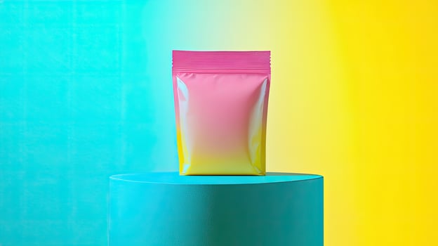 Foil pink pouch stands atop a blue cylinder against colorful yellow and blue backdrop photo