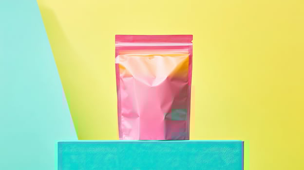 Shiny pink pouch stands against yellow and teal backdrop on a textured block photo