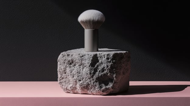 Dome shaped brush rests atop a textured square stone against a dark background on pink surface photo