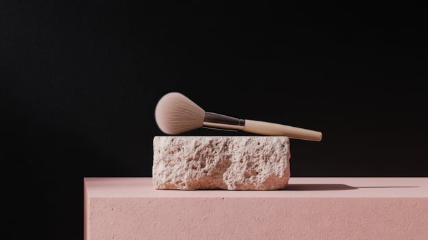 Elegant makeup brush rests atop textured stone block against a sleek black background photo