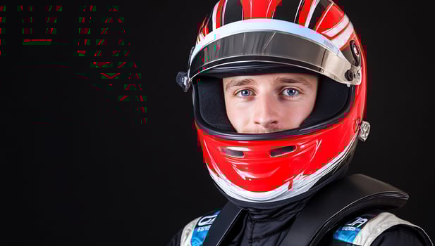 Motorsport athlete portrait with protective helmet focused on competition photo