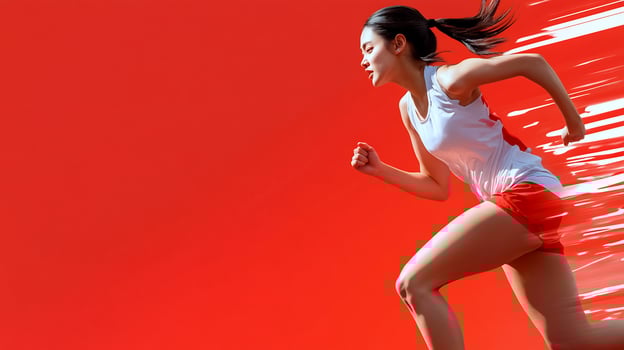 Dynamic full shot of a woman running with red and white accents emphasizing motion and fitness photo