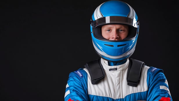 Person in racing helmet and protective gear motorsports concept photo