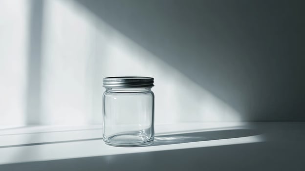 Clear glass jar with a silver lid sits amidst light and shadows on a clean surface photo