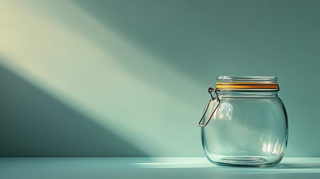 Empty glass jar with an orange ring is under light beam against teal backdrop photo