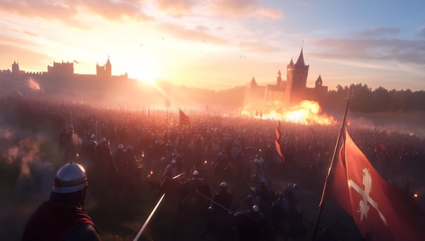 Medieval battle scene at sunrise siege with castle warfare and armed soldiers photo