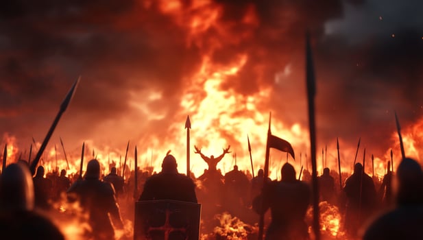 Epic battle scene with warriors fire and dramatic sky photo