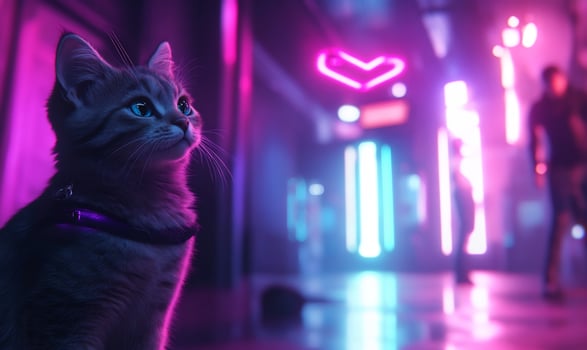 Cat portrait in neon lit corridor interior photo