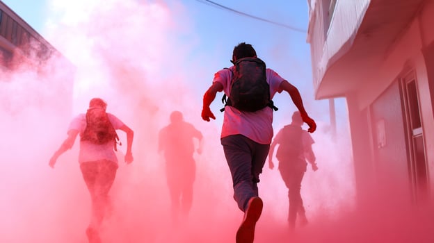 People running through pink smoke in urban setting for escape or crisis photo