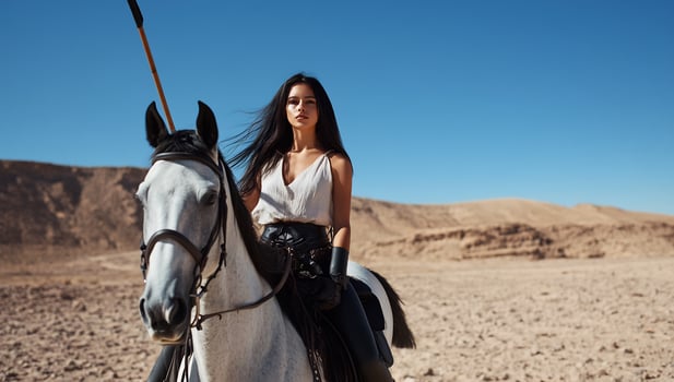 Woman riding horse across desert landscape on sunny day photo